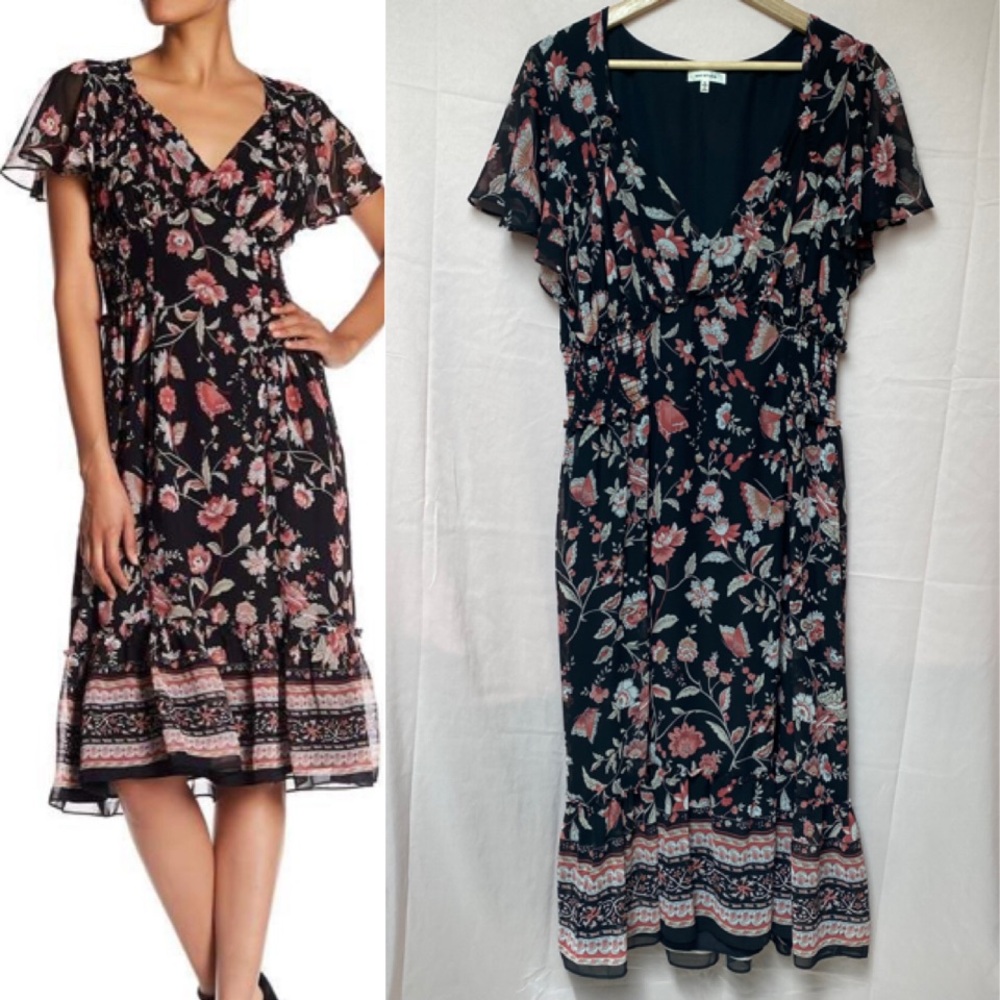 Max Studio Butterfly Floral Print Flutter Sleeve Ruffle Dress Size XL V Neck